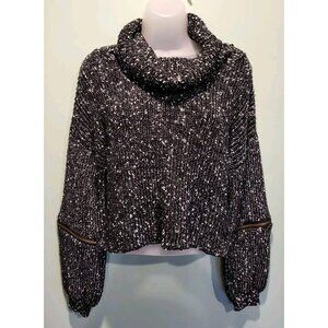 Y2K Black Speckled Chunky Knit Cowl Neck Crop Sweater Zipper Accent Sz M/L 36.5